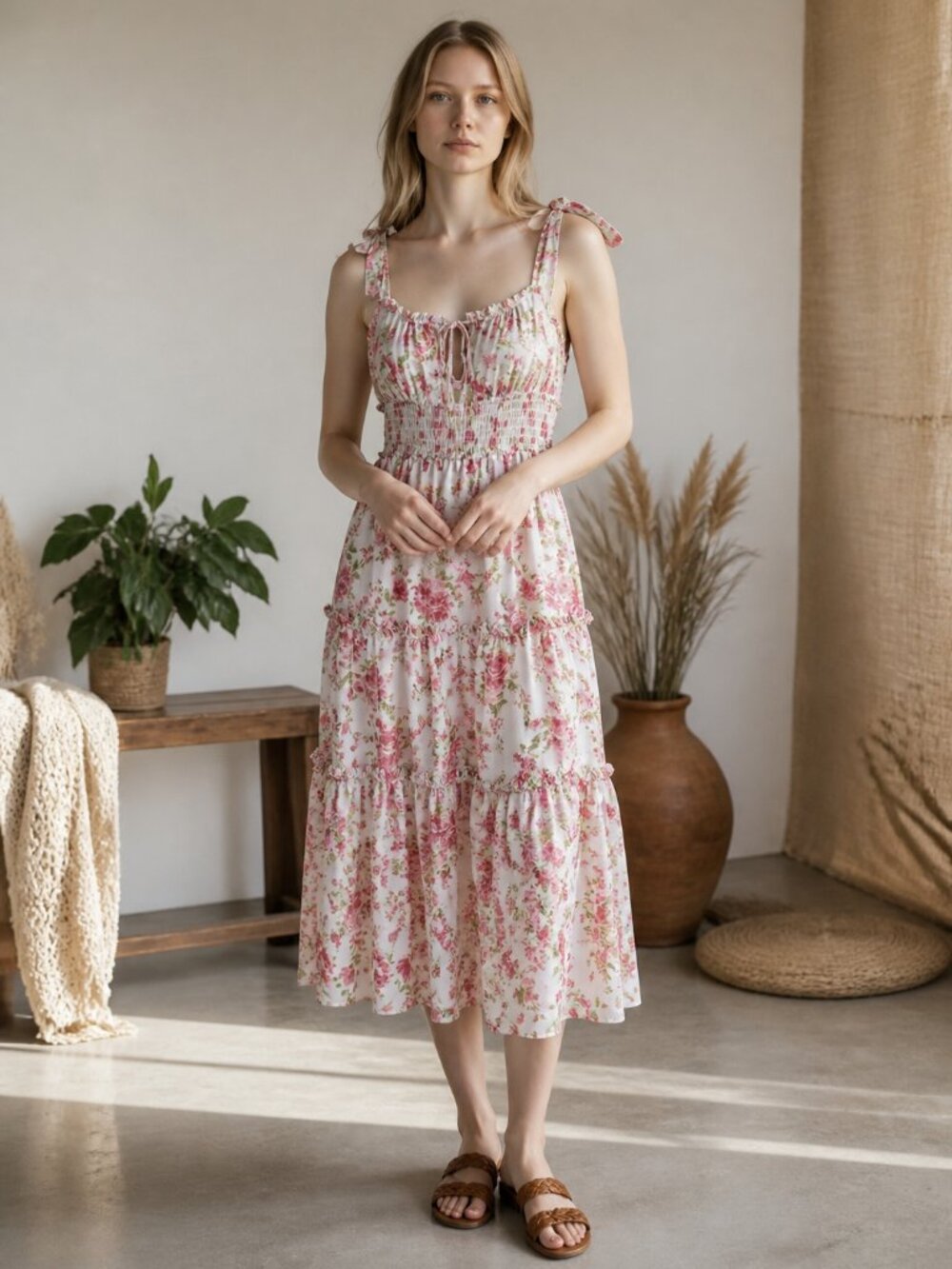 Spring White Dress with Pink Floral Accents